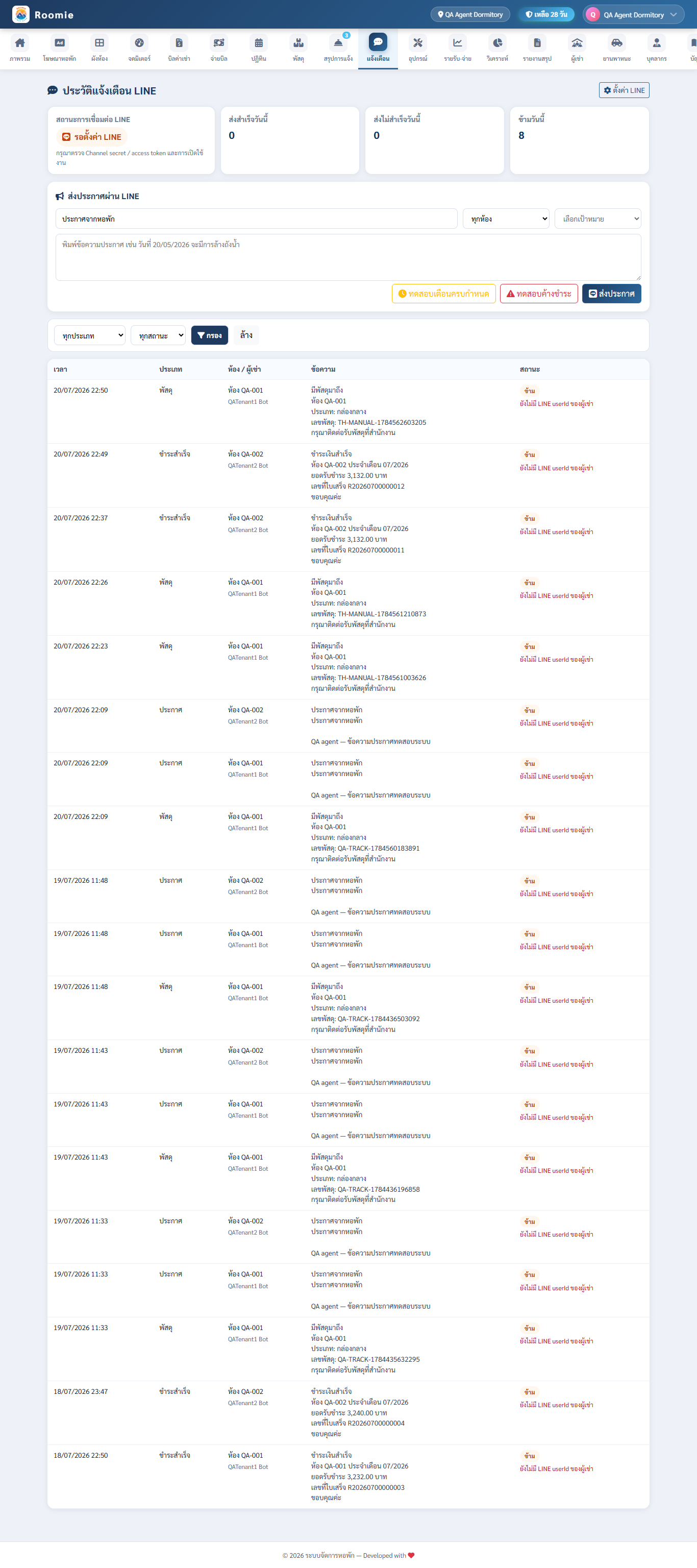 ตารางประวัติการแจ้งเตือนผู้เช่า