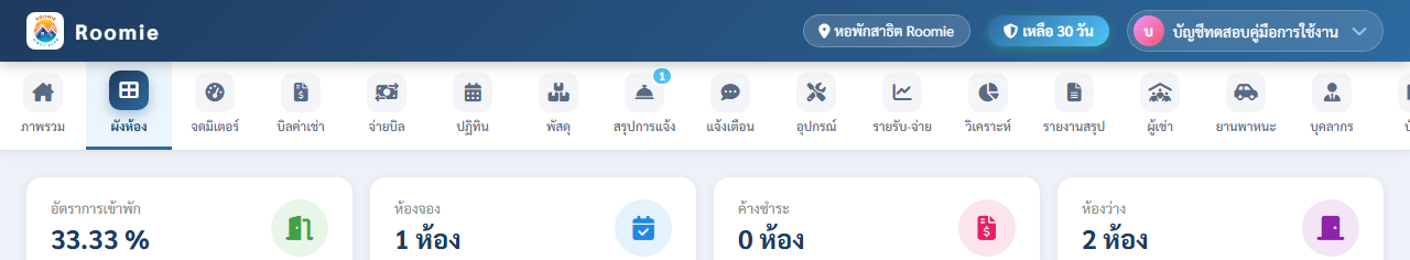 ตัวเลขสรุปและตัวกรองในหน้าผังห้อง Roomie